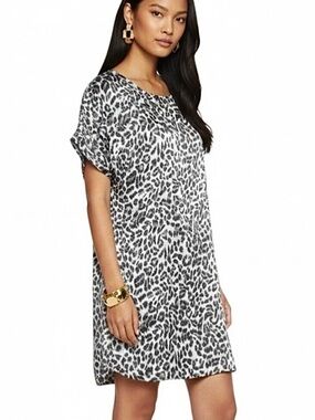 Joie 100% Silk Leopard Print Satin Shift Dress Sz M Short Sleeve Preppy Chic